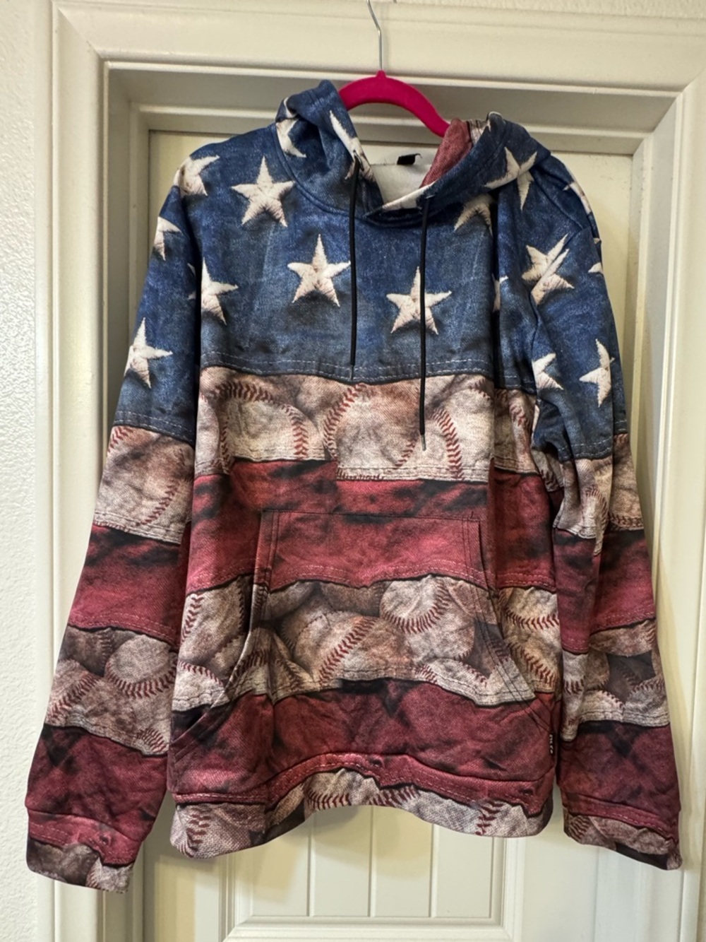 American Flag Baseball Print Hooded Sweatshirt - Red & Blue